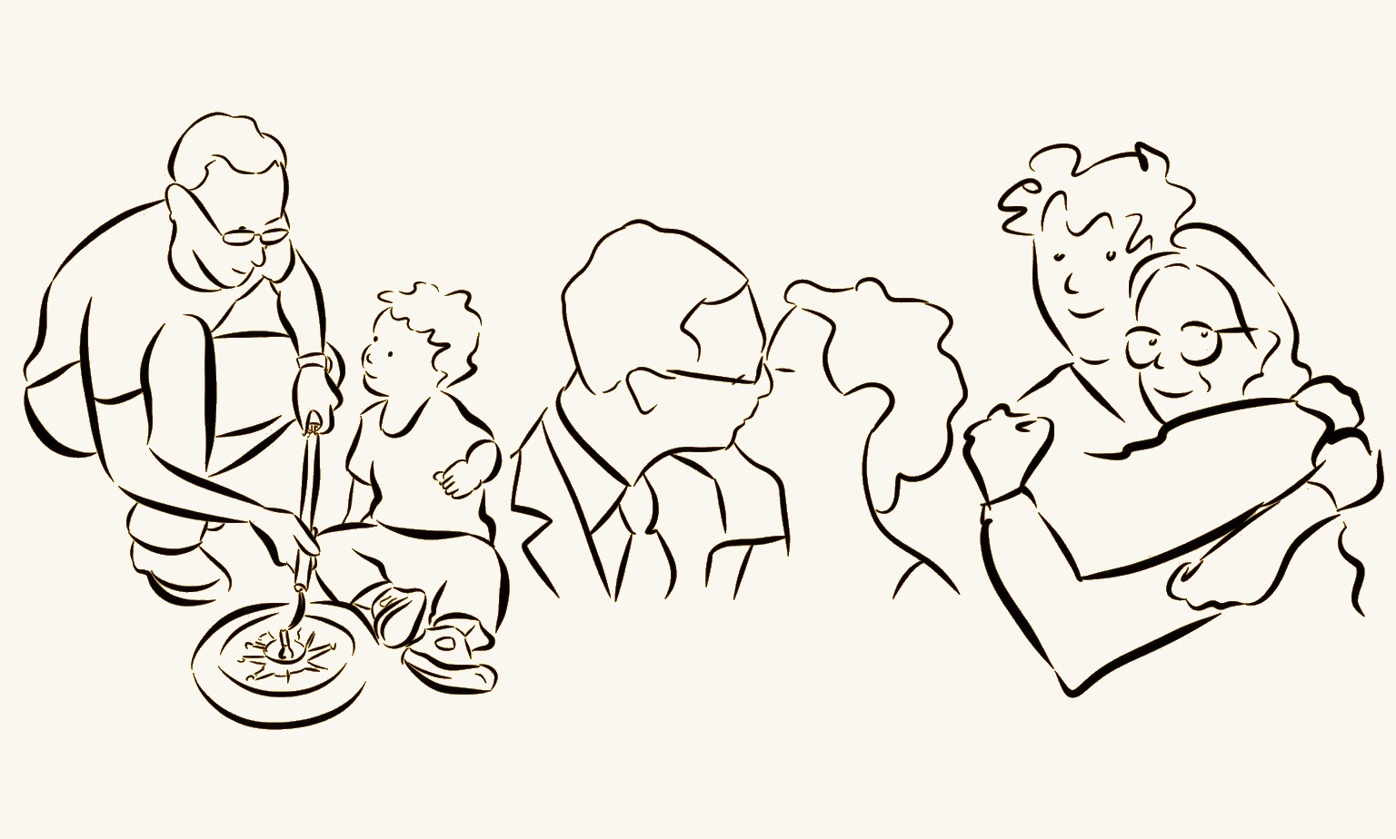 Lijntekening van drie taferelen: een volwassene en kind bij een taart, een kussend koppel en twee mensen die elkaar omhelzen